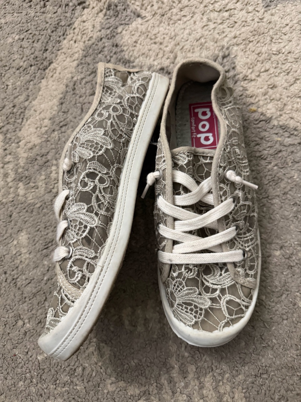 Pop Women's Lace Overlay Sneakers in Beige with White Trim size 8